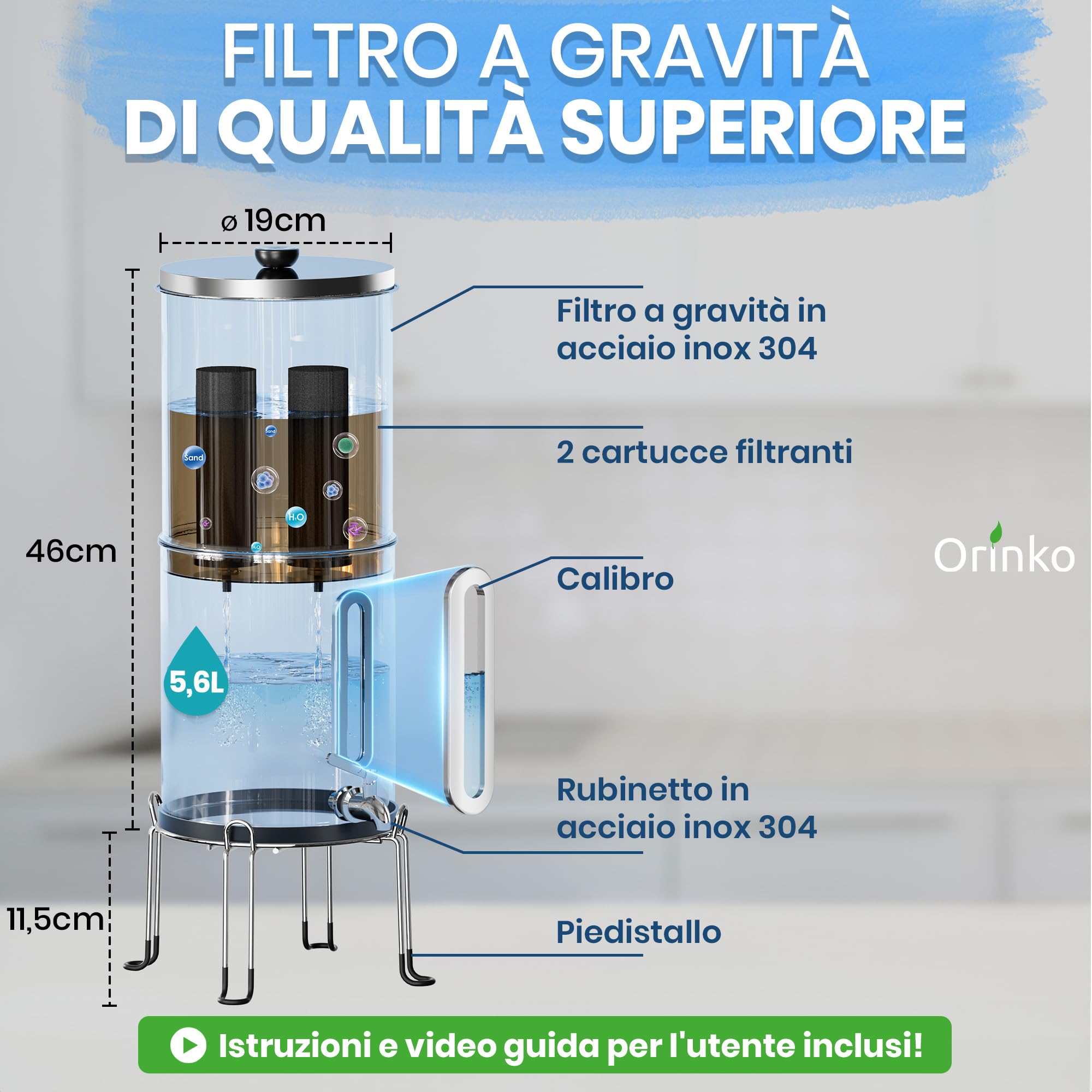 ORINKO® Filtro a Gravità per Acqua 5,6L - Purificazione Senza Elettricità per Casa e Campeggio - Microfiltrazione Metallo Inox con Cartuccia Carbone Attivo - Gusto Migliorato e Sicurezza per Famiglia