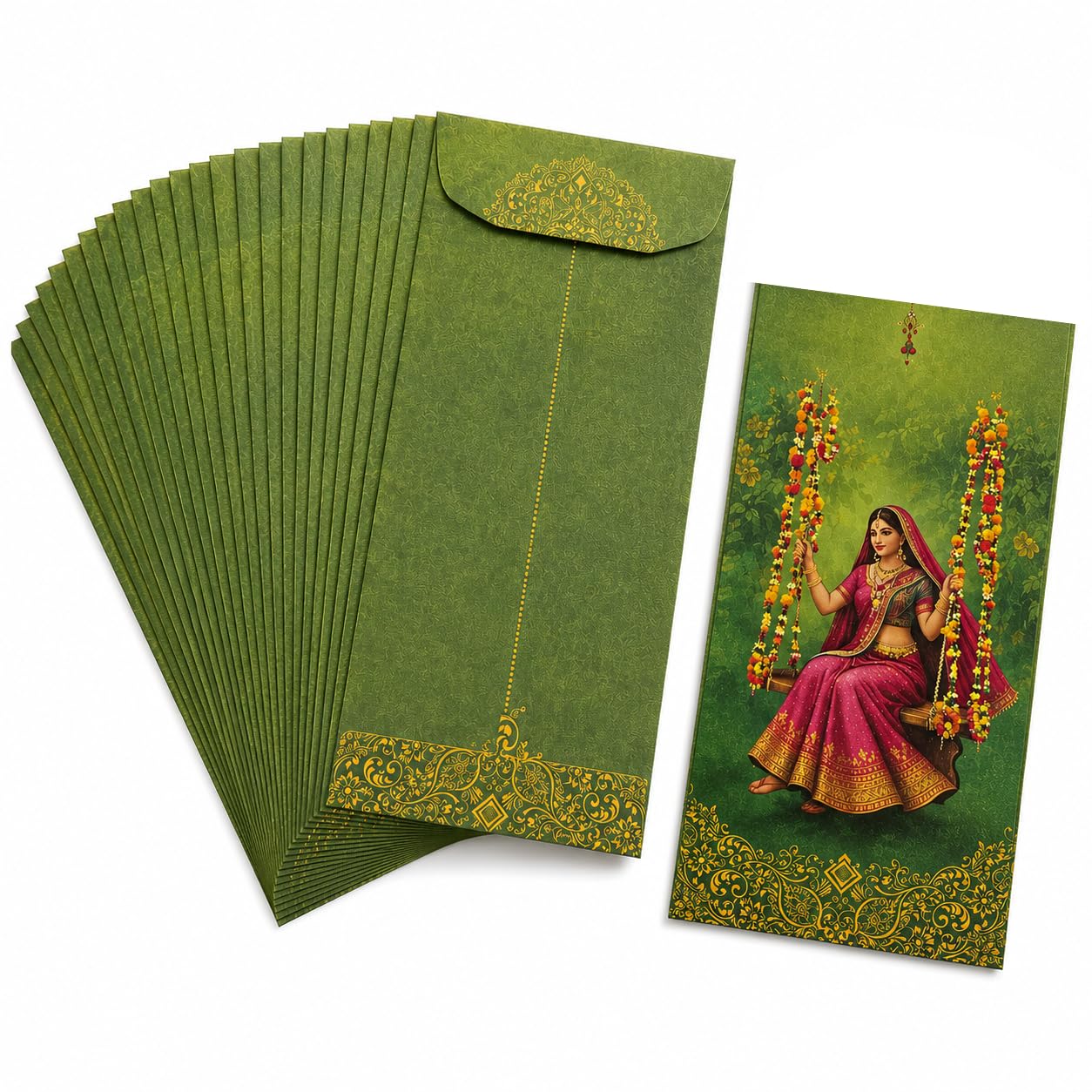 Teej Money Envelopes, Pack of 20 Premium Cash Shagun Lifafa, Traditional Swing Lady Design, Green & Gold Cash Covers for Hariyali Teej, Sawan, Puja & Return Gifts-image-12