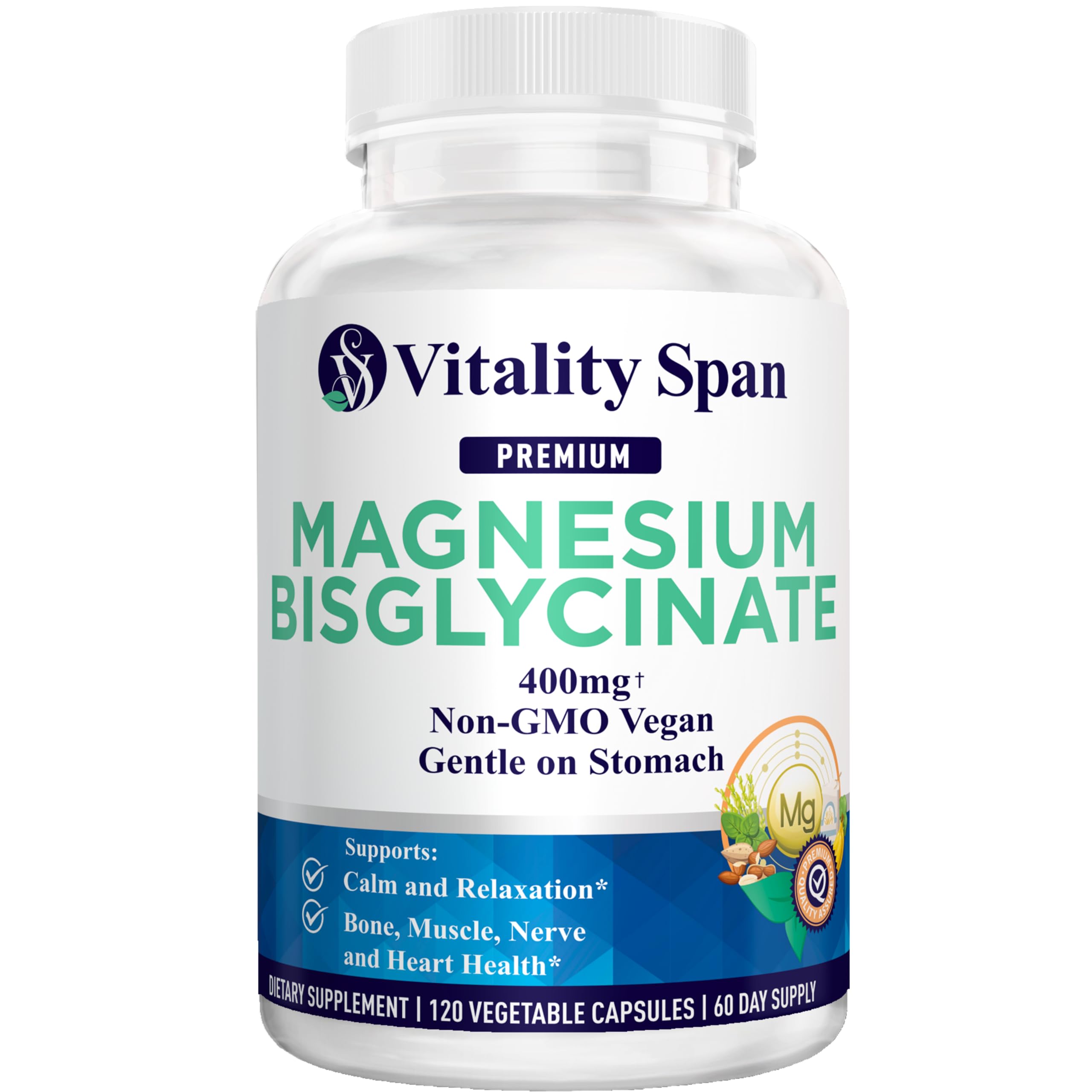 Magnesium Glycinate 400mg, Chelated Magnesium Bisglycinate for Relaxation and Sleep Aid, Extra Strength with Magnesium Oxide, Gentle on Stomach, Vegan, 120 Capsules, Made in USA