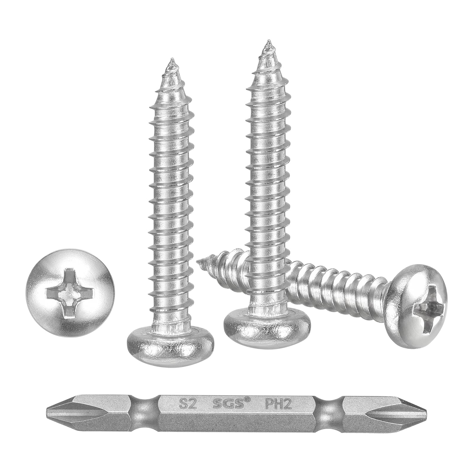 METALLIXITY Phillips Pan Head Self Tapping Screws(#8x1") 200Pcs, 304 Stainless Steel Self Drilling Screw for Metal Wood Plastic with Bit, for Cabinet Wall Shutter Plate Rock Furniture, Silver