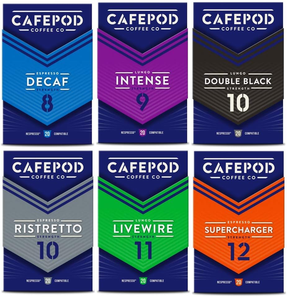 CafePod Nespresso Compatible Coffee Pods - Variety Mixed Strengths - 6 Packs of 20 Capsules (120 Drinks)