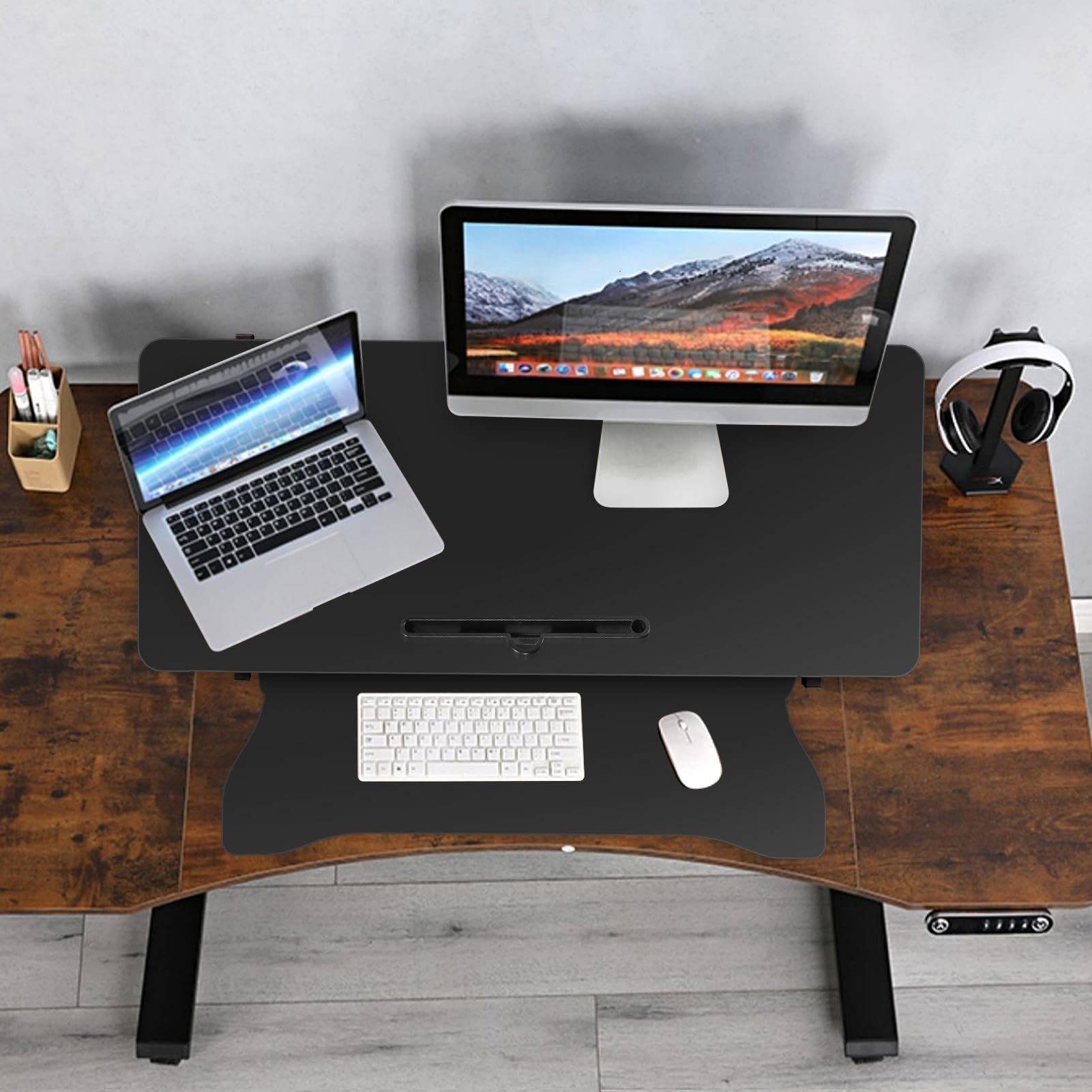Scrivania regolabile in altezza, convertitore da tavolo per laptop con ergonomico | Convertitore ergonomico da scrivania con molla a gas, 2 livelli, porte USB e altezza regolabile da 15 a 48 cm, per ufficio