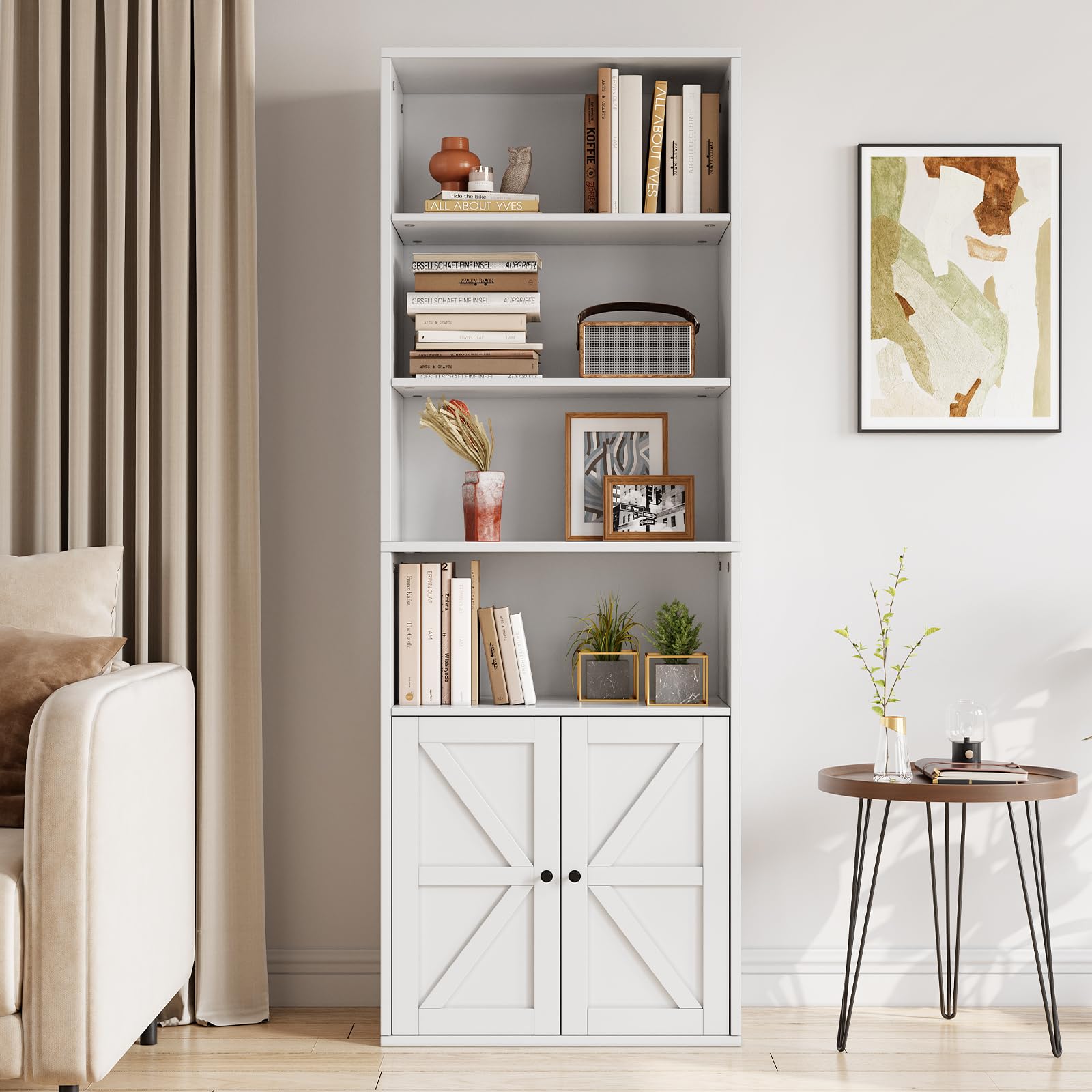 Librería Alta con Puertas de Estilo Granero, Estantería Rústica con 4 Niveles Abiertos y Armario, para Oficina, Estudio, Salón y Dormitorio, Blanco, 60x30x181cm
