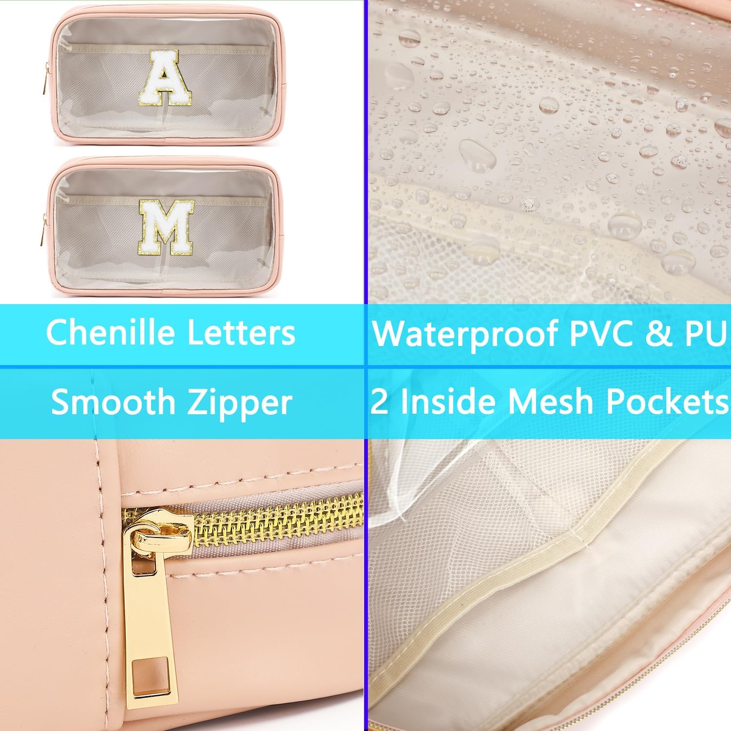 Clear Makeup Bag with 2 Customizable Chenille Letters - Waterproof PU Leather Cosmetic Case, Large Personalized Toiletry Pouch for Women & Teens, Ideal for Travel & Gift - Image 5