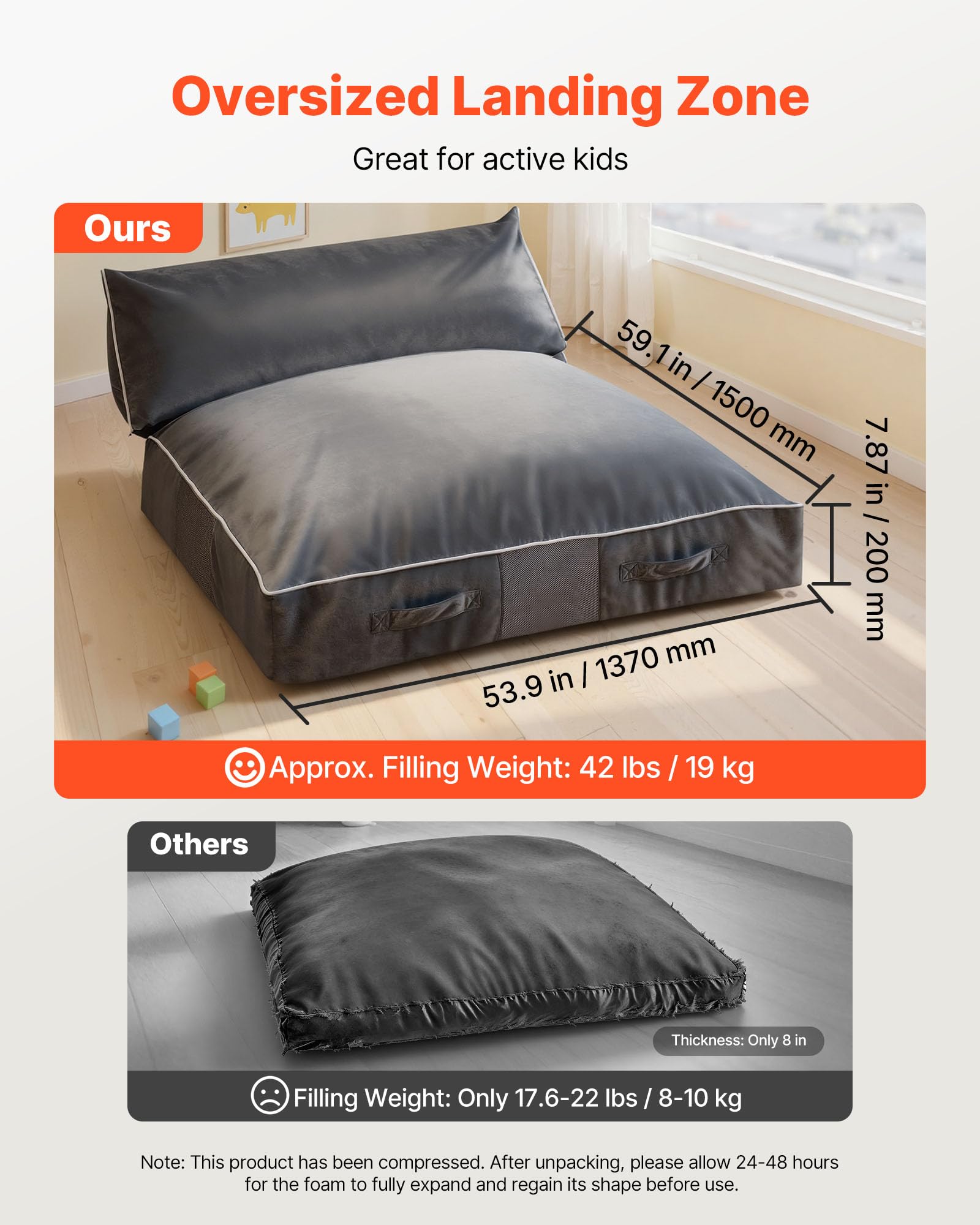 VEVOR Crashpad 150 x 137 cm, Kindermatte mit Schaumstoffblöcken & Waschbarem Bezug, Weiche Schaumstoff-Landezone, Riesenkissenmatte, Ausstattung für Sinnesräume zum Springen Entspannen Spielen