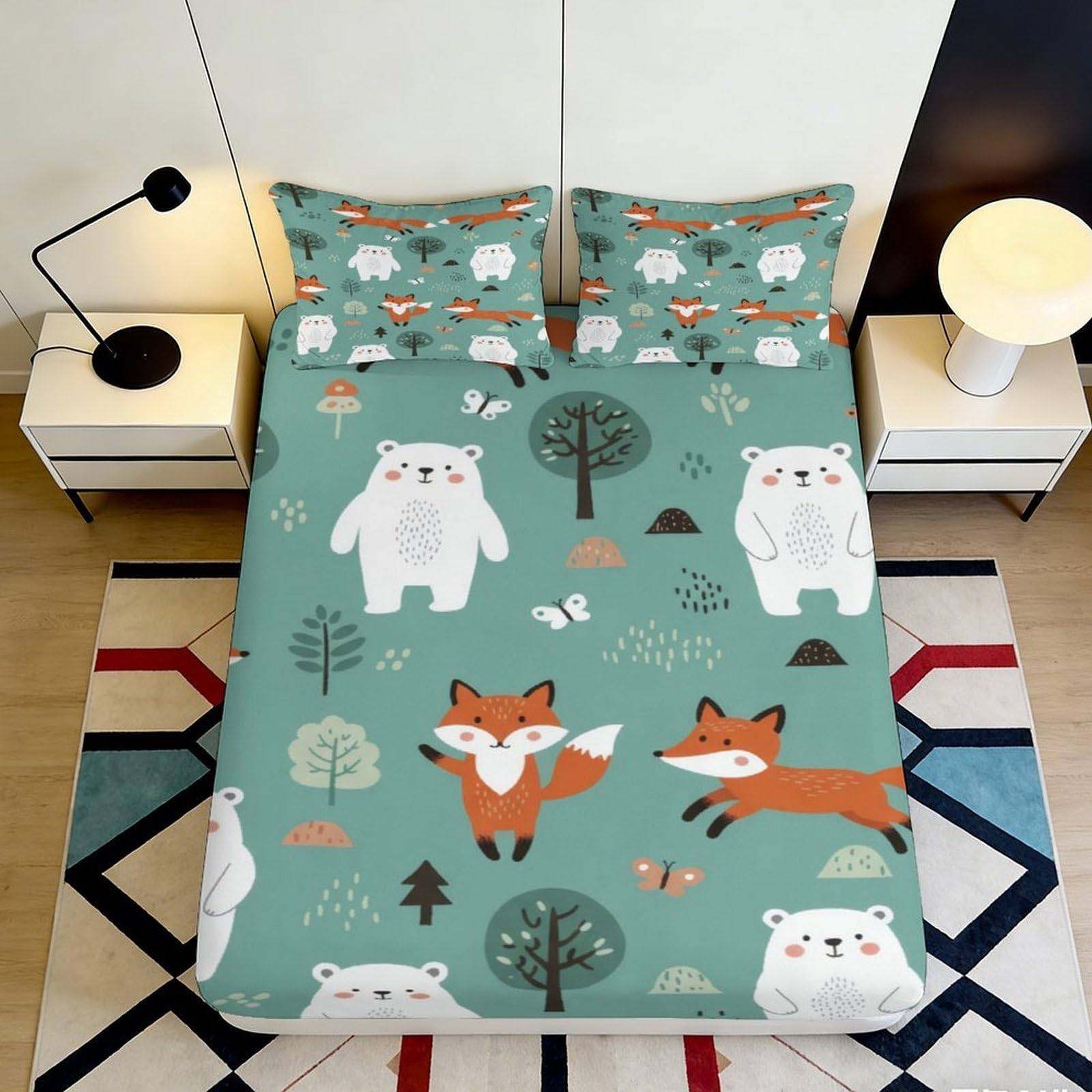 3D Printed Forest Animals Fitted Sheet Microfiber Soft Breathable Woodland Fox and Bear Bed Cover for Bedroom Dormitory Guest Room Mattress Protection Decor 200x200x25cm