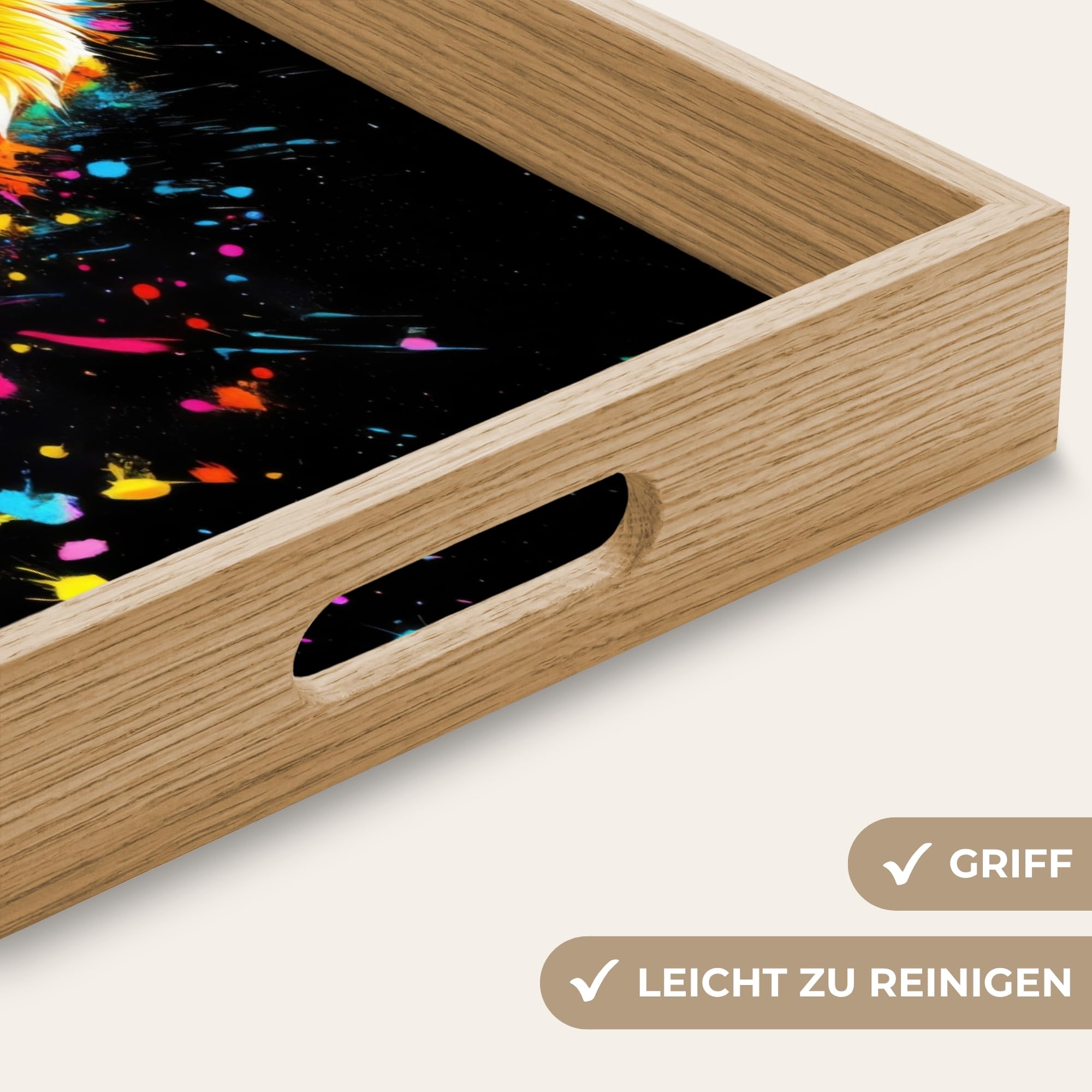 Holztablett Rechteckig 50x35 cm Küchentablett Servier Tablett Eiche Serviertablett Holz Servierplatte Mit Henkel Tray Kaffeetablett Löwe - Bunt - Spritzer