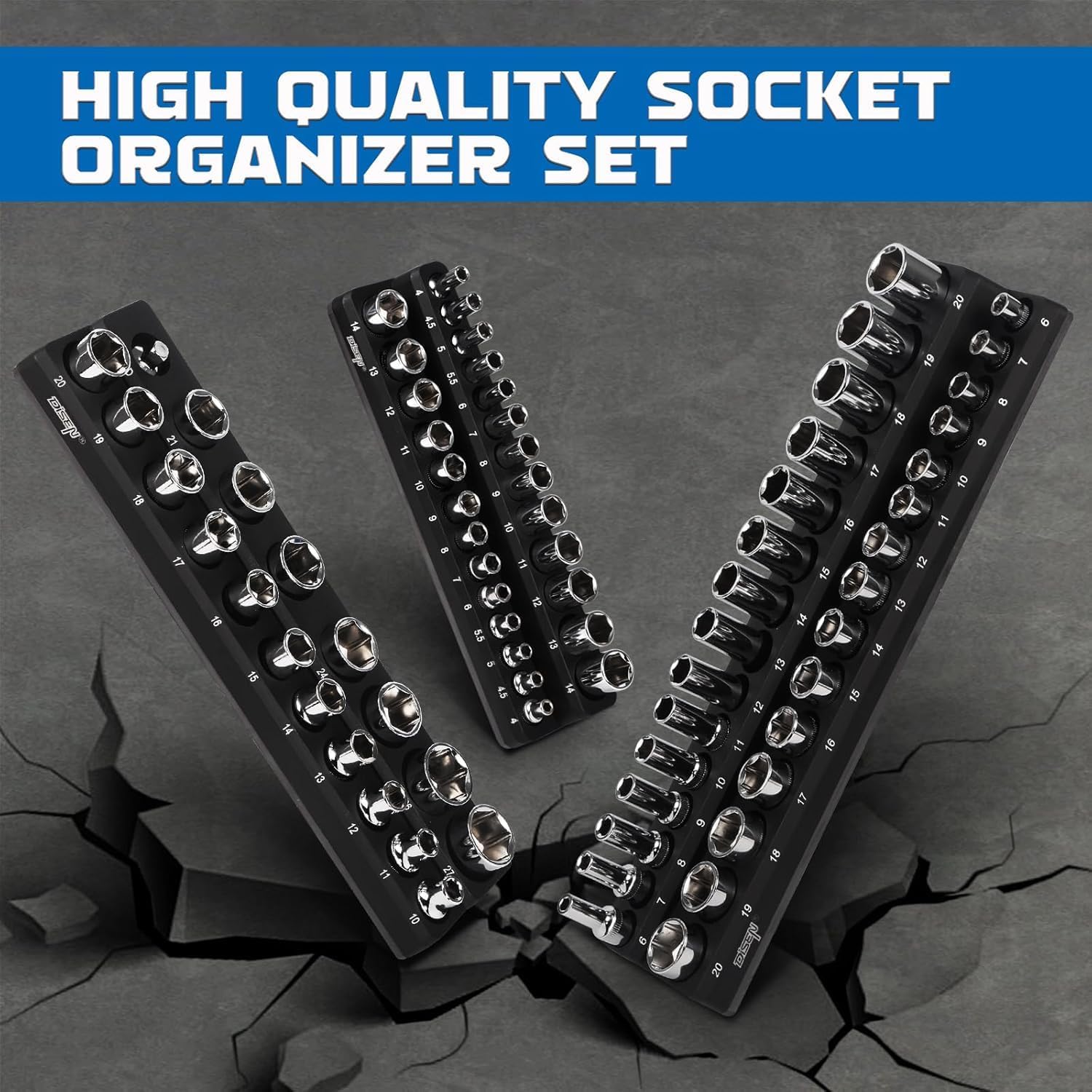 DISEN Magnetic Socket Organizer Set 6PCS Socket Holder Holds 150 Pieces 1/4", 3/8", 1/2" Drive Metric & SAE Socket Trays for Tool Box Drawer (Socket not Included)