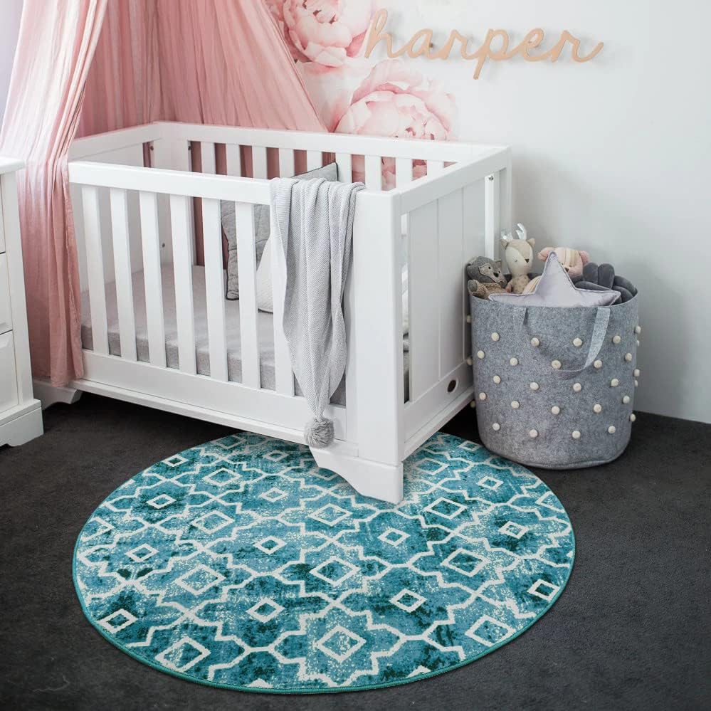 Miniatura 5 de Wonnitar Alfombra redonda marroquí lavable  Alfombra redonda verde azulado de 4 pies, antideslizante, alfombra envejecida para dormitorio de niños,