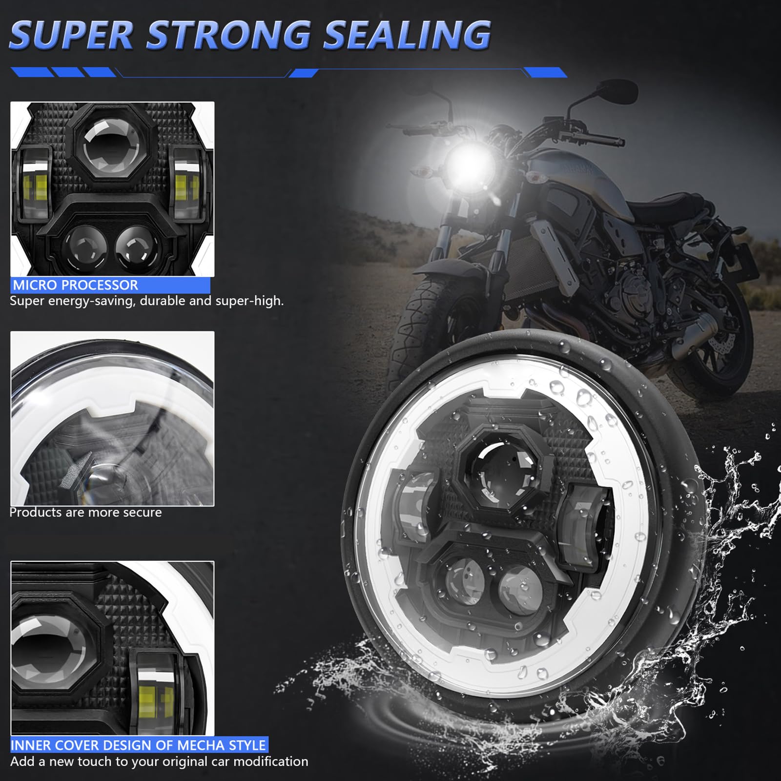 Shkalacar Reflektory samochodowe LED do motocykli, 7" LED, przednie reflektory motocyklowe z wiadrem obudowy i kierunkowskazy wiązki górnej/niskiej, narożne oczy DRL, okrągły reflektor LED