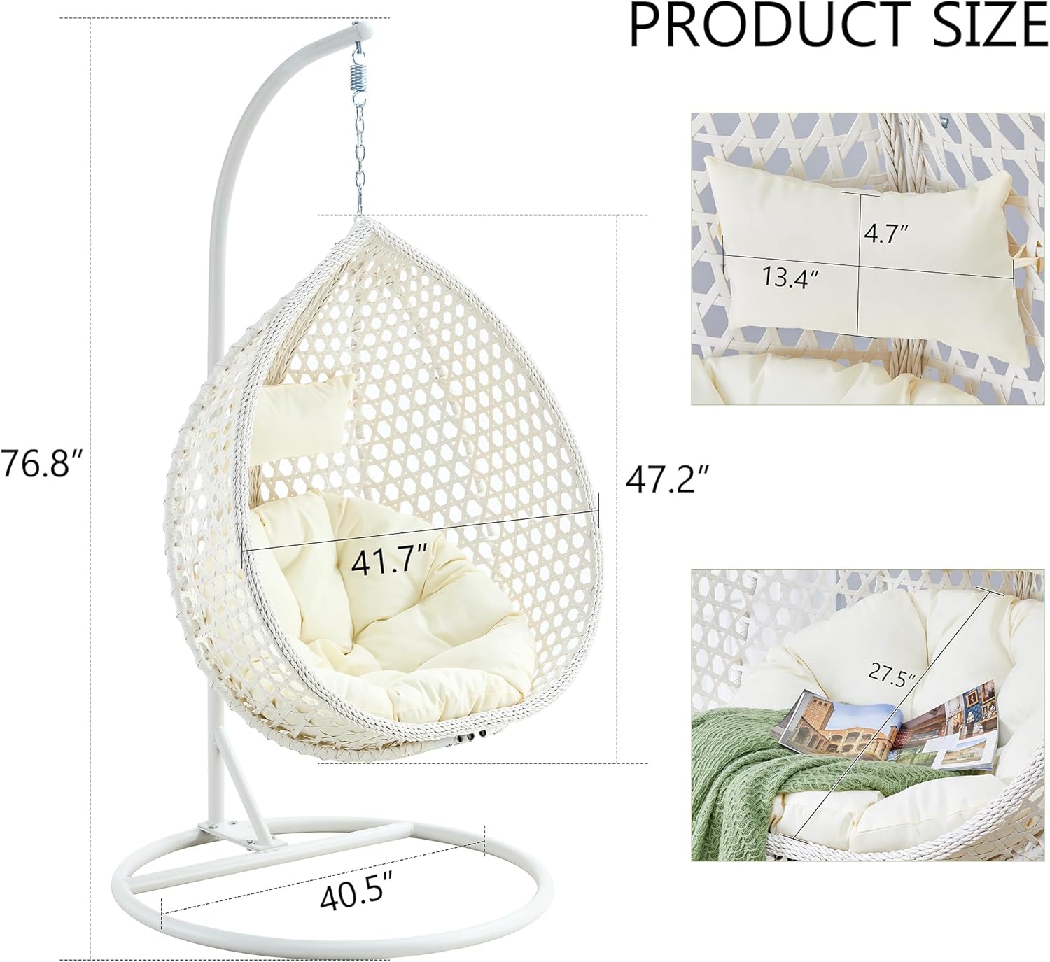 JUFU White Egg Chair with Stand, Indoor Outdoor Hanging Swing Chair with Thick Cushion and Pillow, 350 lb Capacity Wicker Patio Chair for Balcony, Bedroom, Porch, Sunroom