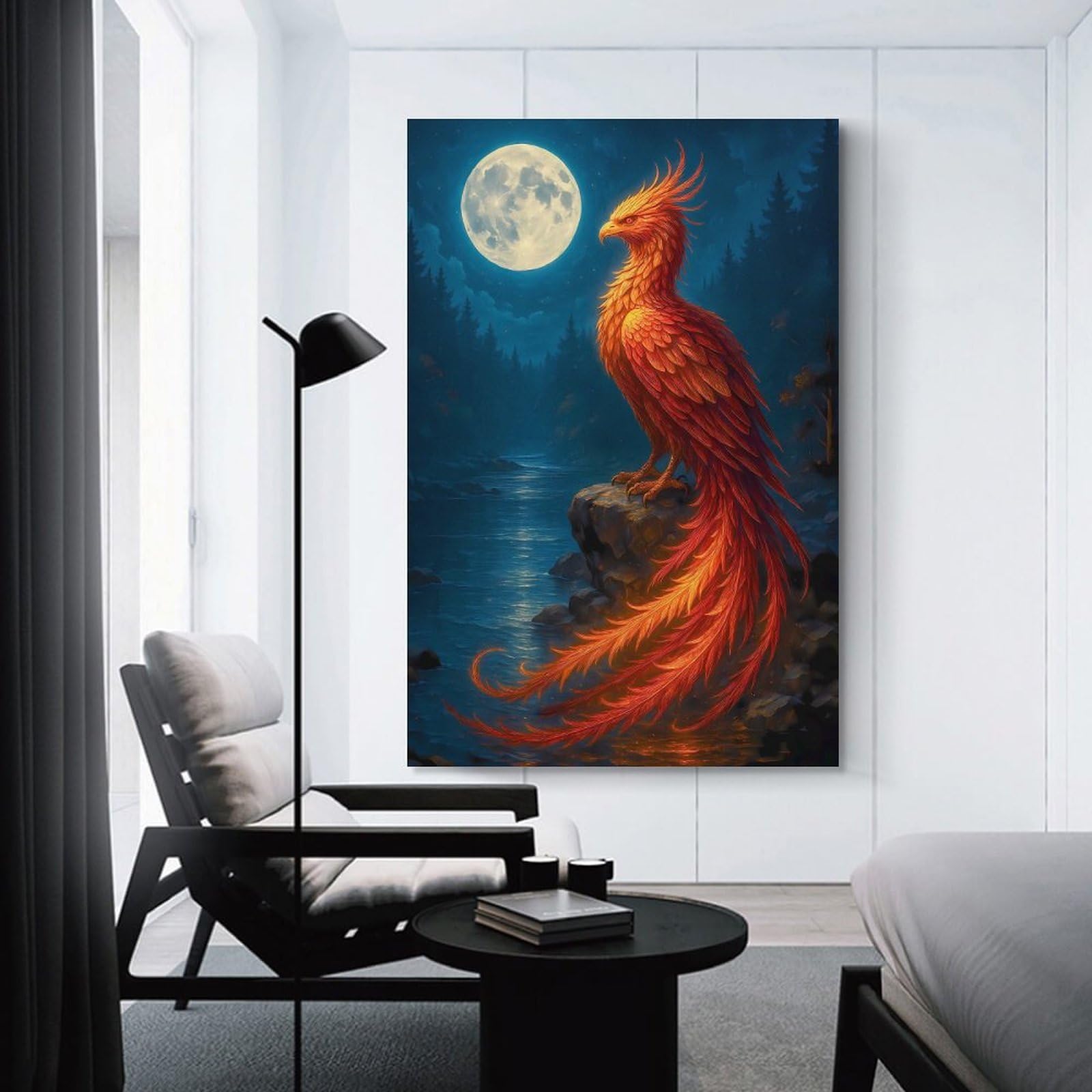 Junmoney Canvas Wall Art Phoenix Under The Moonlight, 24x36inch(60x90cm), for Lounge Decor, Bedroom Walls Or Flats, A Home Accent with Warm Character