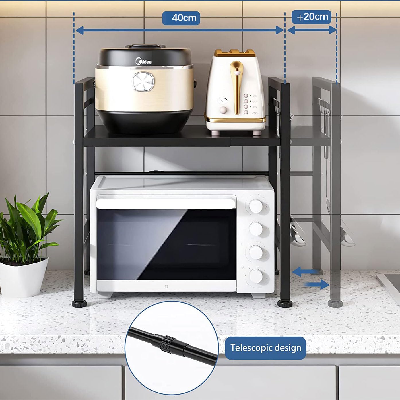 Soporte de Microondas Ampliable, 3 Niveles de Cocina de Metal Estantes Organizador de la Mestop con 6 Ganchos, Panadero Rack, Plataforma de Microondas, Horno de Microondas Rack (3 Niveles)