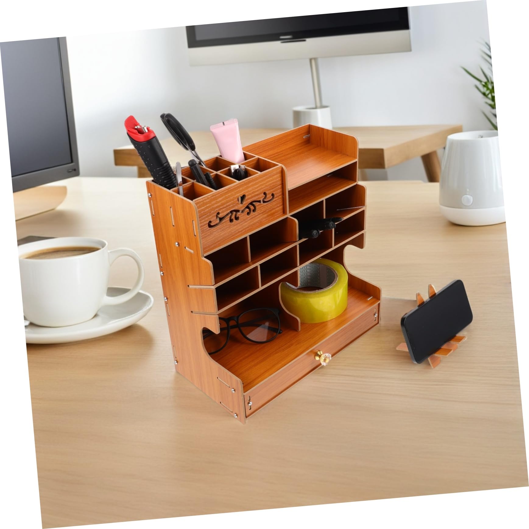 DOITOOL Organizador de Escritorio de Madera con Compartimentos Múltiples Base Estable Antideslizante Caja para Bolígrafos Lápices y Pinceles Organizador de Papelería para Oficina y