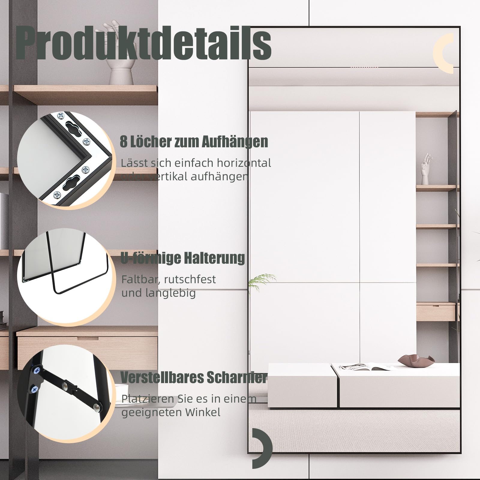 Ganzkörperspiegel Standspiegel 200x100cm mit Schwarz MetallrahmenBodenspiegel HD Spiegel Groß Wandspiegel mit Haken für Wohn-, Schlaf- und Ankleidezimmer