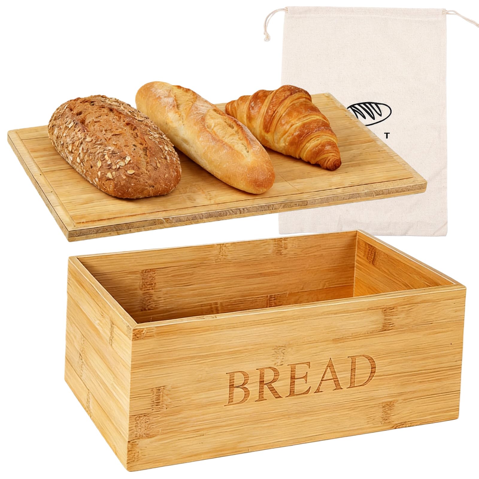Panera de madera con tabla de cortar: 33 x 19 x 13 cm, panera de gran capacidad con bolsa de pan, fiambrera de madera para almacenamiento de pan fresco para cocina y hogar, color madera