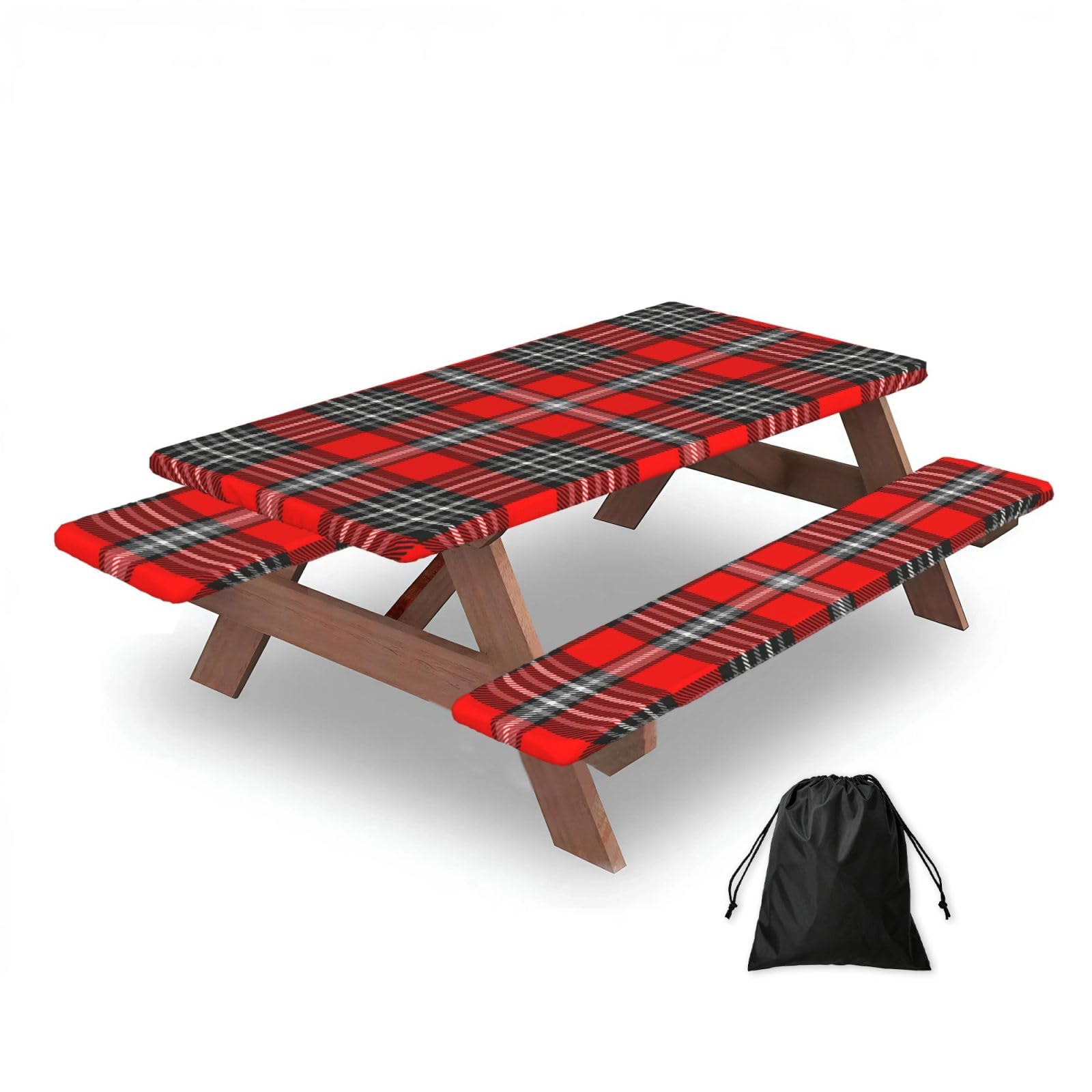 Plaid Check, Picnic Table Cover With Bench Covers -Waterproof Elastic Fitted Tablecloth for Garden Camping Patio 76x152cm