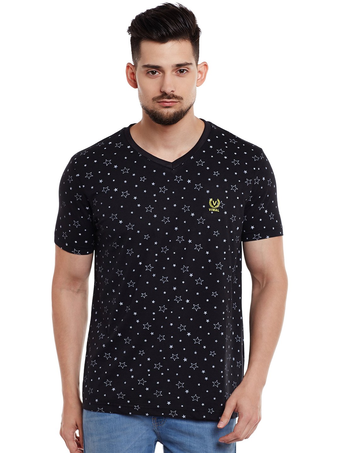 Printed Black V Neck Cotton Regular Fit Tshirt for Men(Pack of 1)-VEE-Print-No.1-01-BLK-Medium
