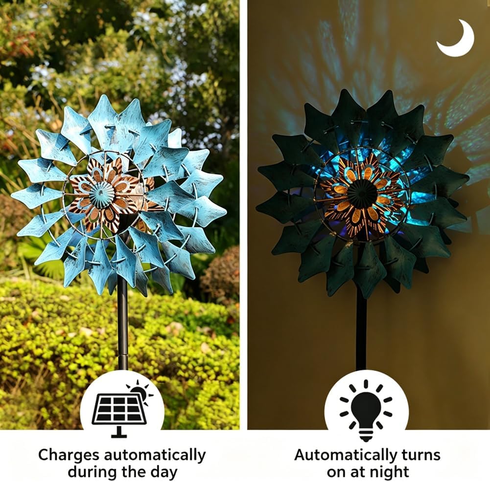 75" Wind Spinner Outdoor with 6 Colors Solar Light,360° Swivel Large Metal Wind Sculptures Garden Spinners Windmill for Yard Patio Outdoor Decor (Blue)