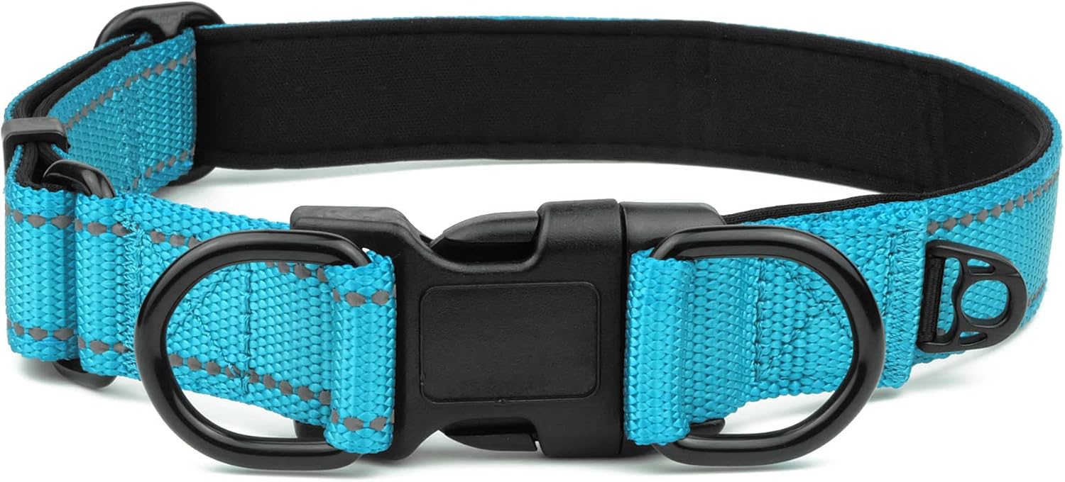 Garwor Reflective Dog Collar with Double D-Ring, Soft Neoprene Padded, Extra ID Tag D-Ring Attached, Buckle Adjustable Safety Nylon Pet…