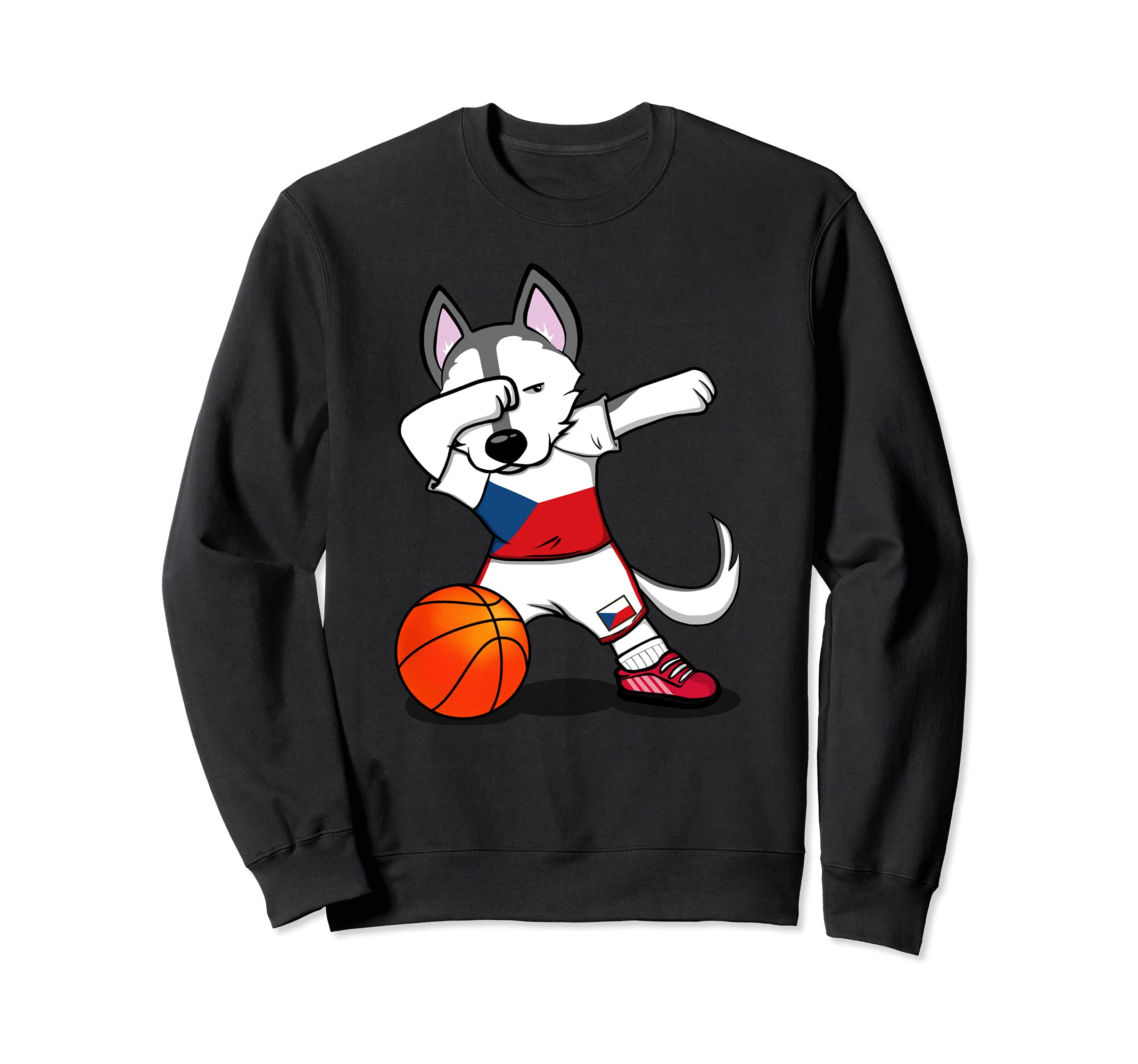 Dabbing Husky Dog Czech Republic Basketball Fans Jersey Flag Sweatshirt, Black