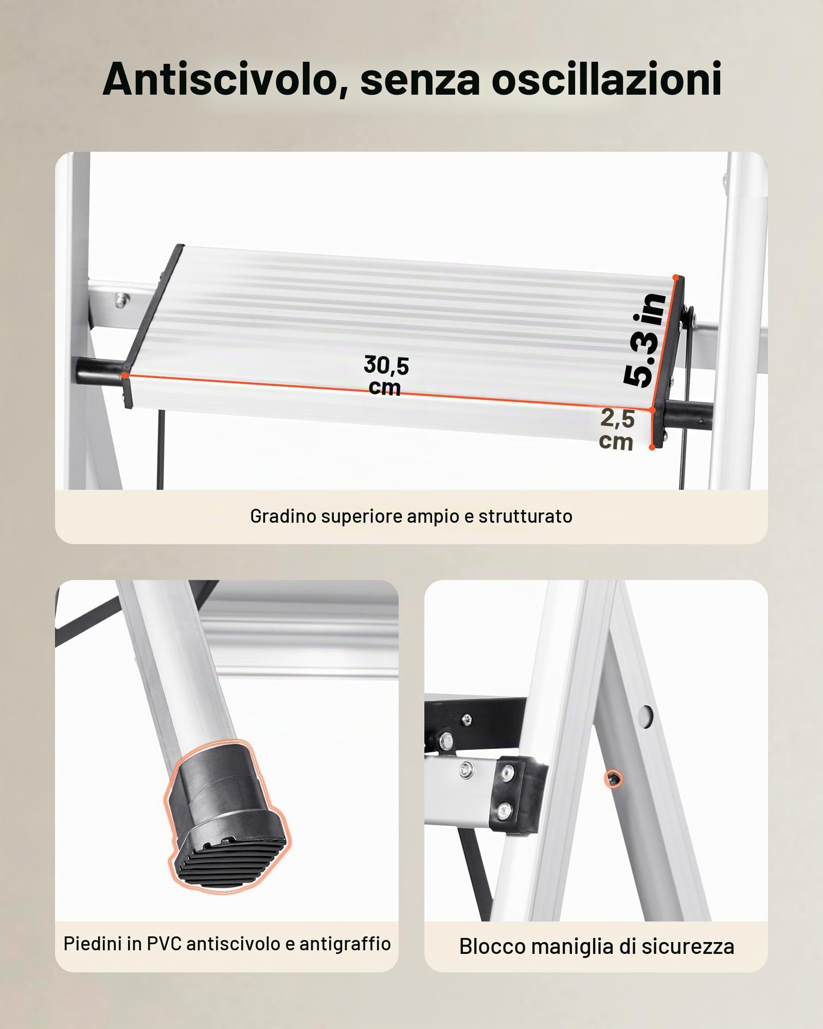 VEVOR Scaletta Pieghevole Salvaspazio con 5 Gradini con Ampio Pedale Antiscivolo e Impugnatura Comoda, Scala a Pioli Portatile in Alluminio con Capacità di 150 kg, Multiuso per Cucina, Magazzino