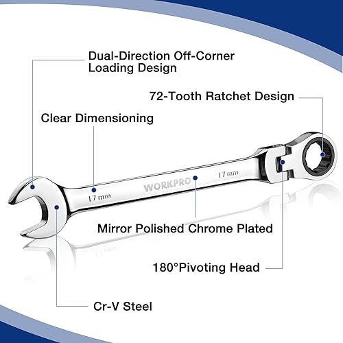 Miniatura 85 de WORKPRO Juego de llaves combinadas de trinquete de cabeza flexible de 8 piezas, SAE 5/16-3/4 pulgadas, 72 dientes, construcción CR-V, niquelado