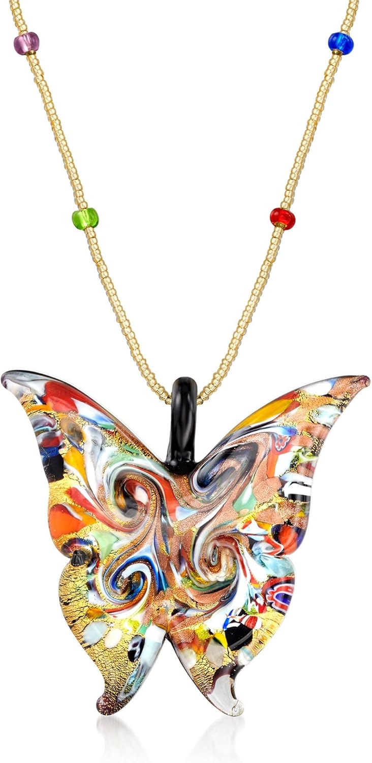 Ross-Simons Italian Multicolored Murano Glass Butterfly Pendant Necklace With 18kt Gold Over Sterling. 18 inches