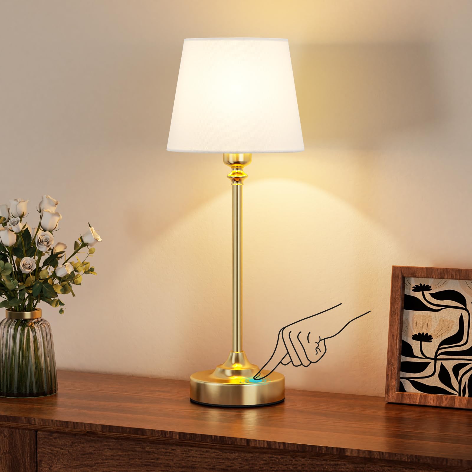 PreeOtti Tischlampe Kabellos, LED Nachttischlampe Touch Akku, Stufenlos Dimmbar, Weiß Leinenschirm, Wiederaufladbare Tischleuchte mit USB-C Anschluss für Nachttisch Esszimmer Wohnzimmer Deko(Messing)