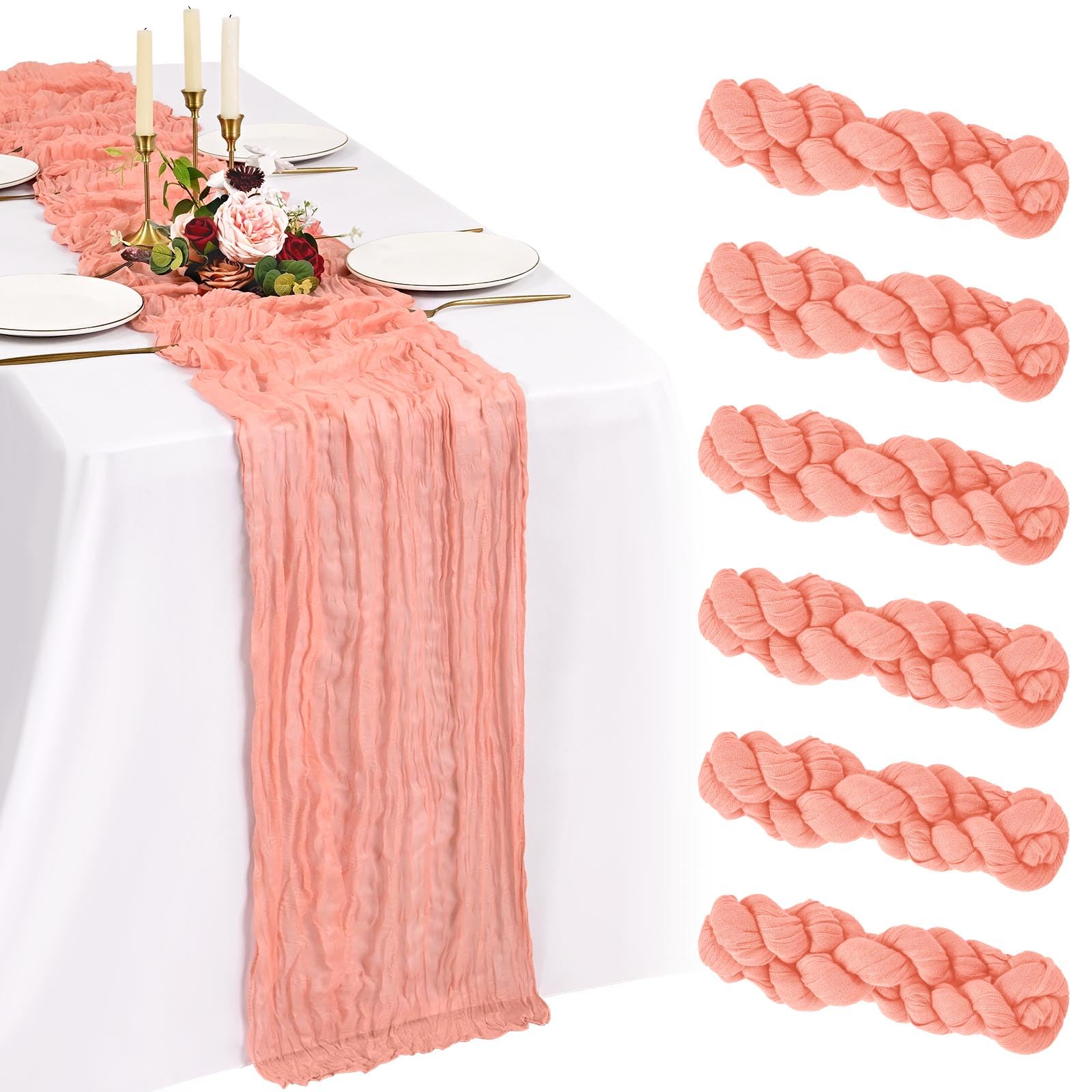 Showgeous 6 Pack Coral Cheesecloth Table Runner 10FT Boho Gauze Cheese Cloth Table Runners Romantic Rustic Sheer Table Decorations for Wedding Party Baby Shower Birthday Holiday Home