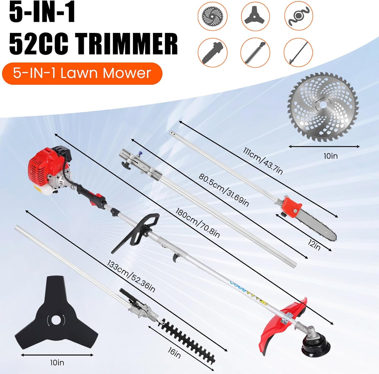 Gas String Trimmer Hedge Trimmer,52cc 2 Stroke Gas Powered Weed Eater, 5 in 1 Garden Petrol Hedge Trimmer Weed Wacker Chainsaw Brush Cutter Pruner Pole Saw with Extension Pole for Garden