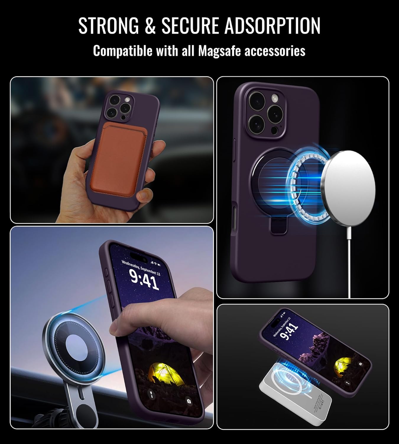 for iPhone 16 Pro Case Stand, Slim Comfortable Liquid Silicone Phone Cases Compatible with MagSafe Magnetic Ring Kickstand Stand Full Camera Protection for iPhone 16 Pro 6.3", Purple