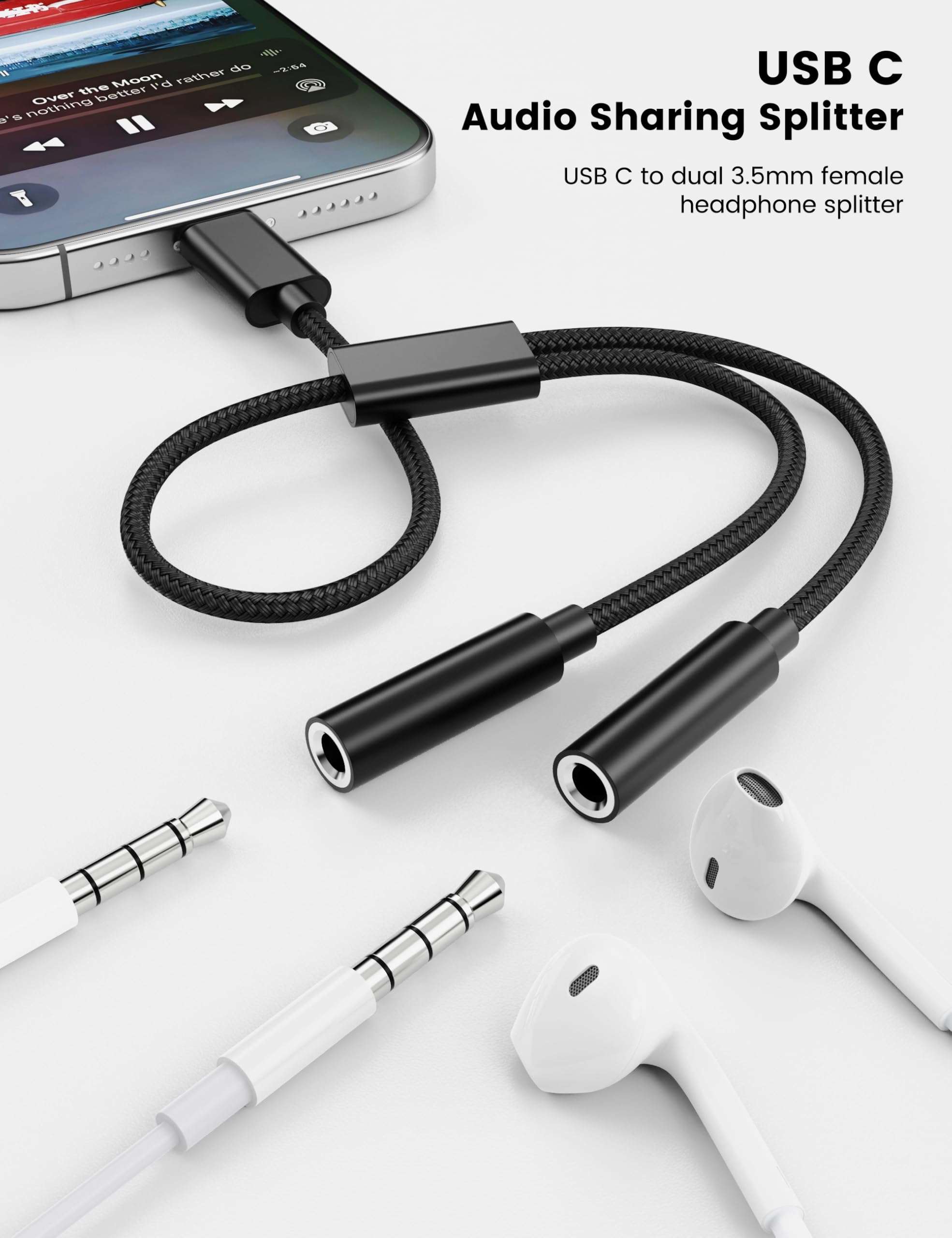 Kopfhöreradapter Typ C auf Dual 3,5 mm Buchse, USB C auf Dual Buchse Aux Y-Buchse, Kopfhörer-Splitter, Aux auf USB C für Galaxy S24/23 Ultra, Pixel 7 6, iPad Pro, iPhone 15 Pro Max/Plus, Schwarz