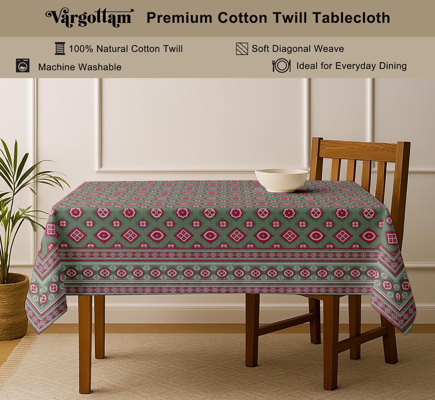 Geometric Design Tablecloth- Green 60x60 Inch Cotton Twill Dining Table Cover, Perfect for 4 Seater Tables, Durable, Protective & Washable, Ideal for Everyday Use, Occasions & Gathering