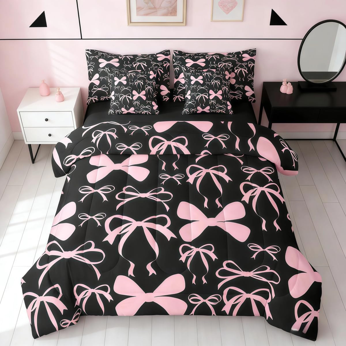 Feelyou Bow Bedding Set for All Season Boys Girls Full Size Black Pink Girls Bow 7 Pieces Comforter Sets Women Men Cute Bowknot Bed in a Bag with Comforter, Sheets, Pillowcases & Cushion Cover