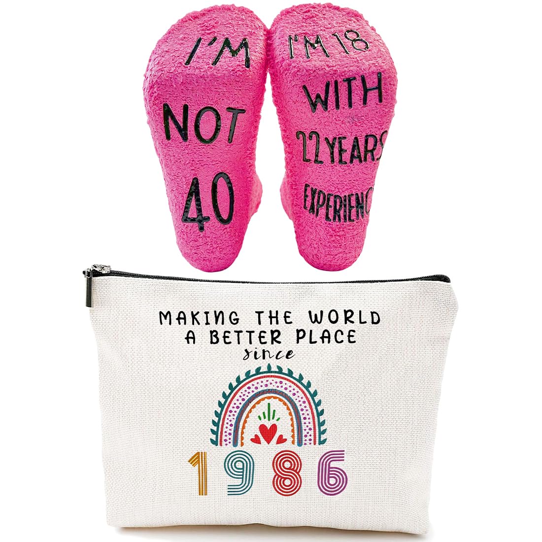 2 Pcs Regalo de Cumpleaños Ideal para Mujeres, Neceser 40 Cumpleaños, Cumpleaños para Esposa, Incluye Bolsa de Maquillaje y Calcetines de Cumpleaños para Mujeres (1986-40 años)