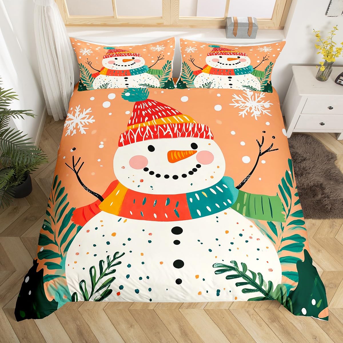 Cartoon Snowman Toddler Duvet Cover Colorful Cute Hippie Graffiti Dots Bedding Sets for Boys Girls Teens Winter Snowflake Green Leaves Christmas Comforter Cover with 1 Pillowcase(No Comforter)2 Pcs