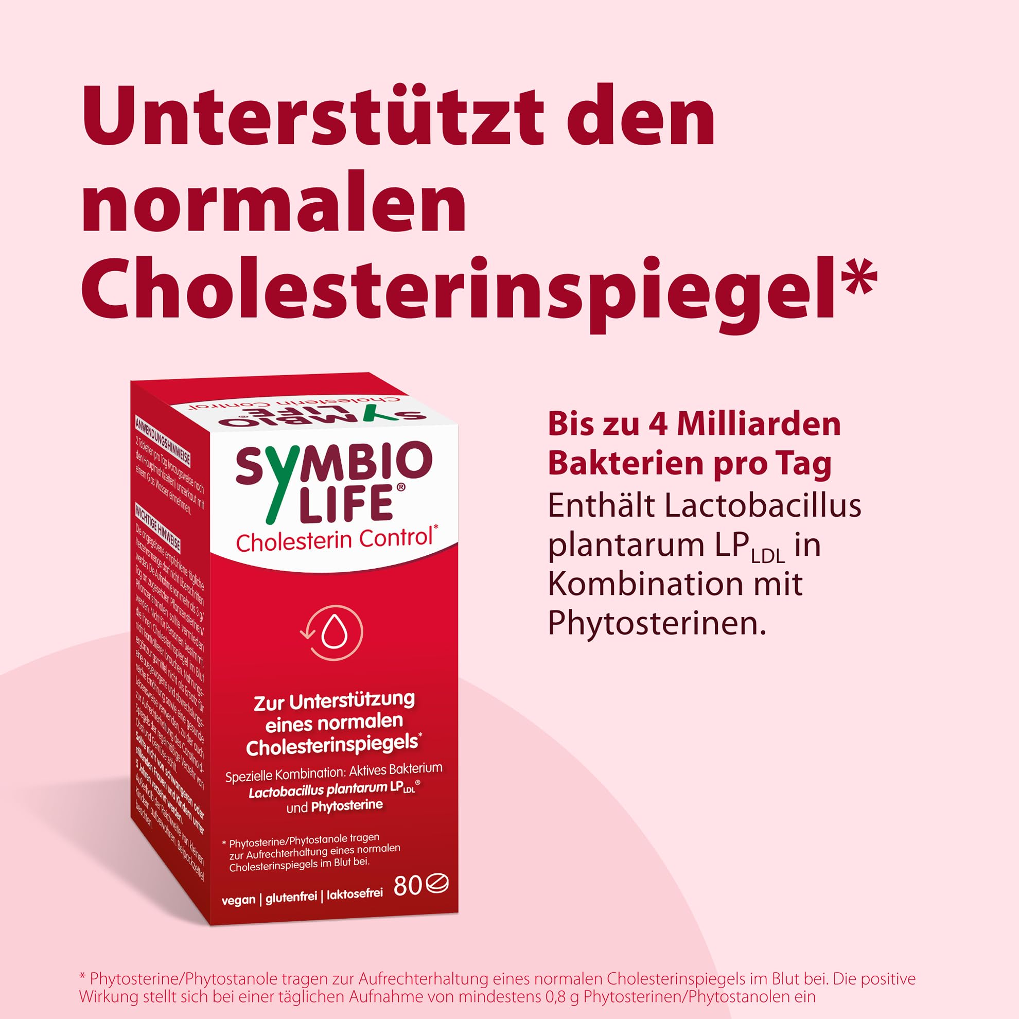 SymbioLife Cholesterin Control*, 80 Tabletten: Nahrungsergänzungsmittel mit Lactobacillus Plantarum und Phytosterinen, Aufrechterhaltung eines normalen Cholesterinspiegels, Vegan