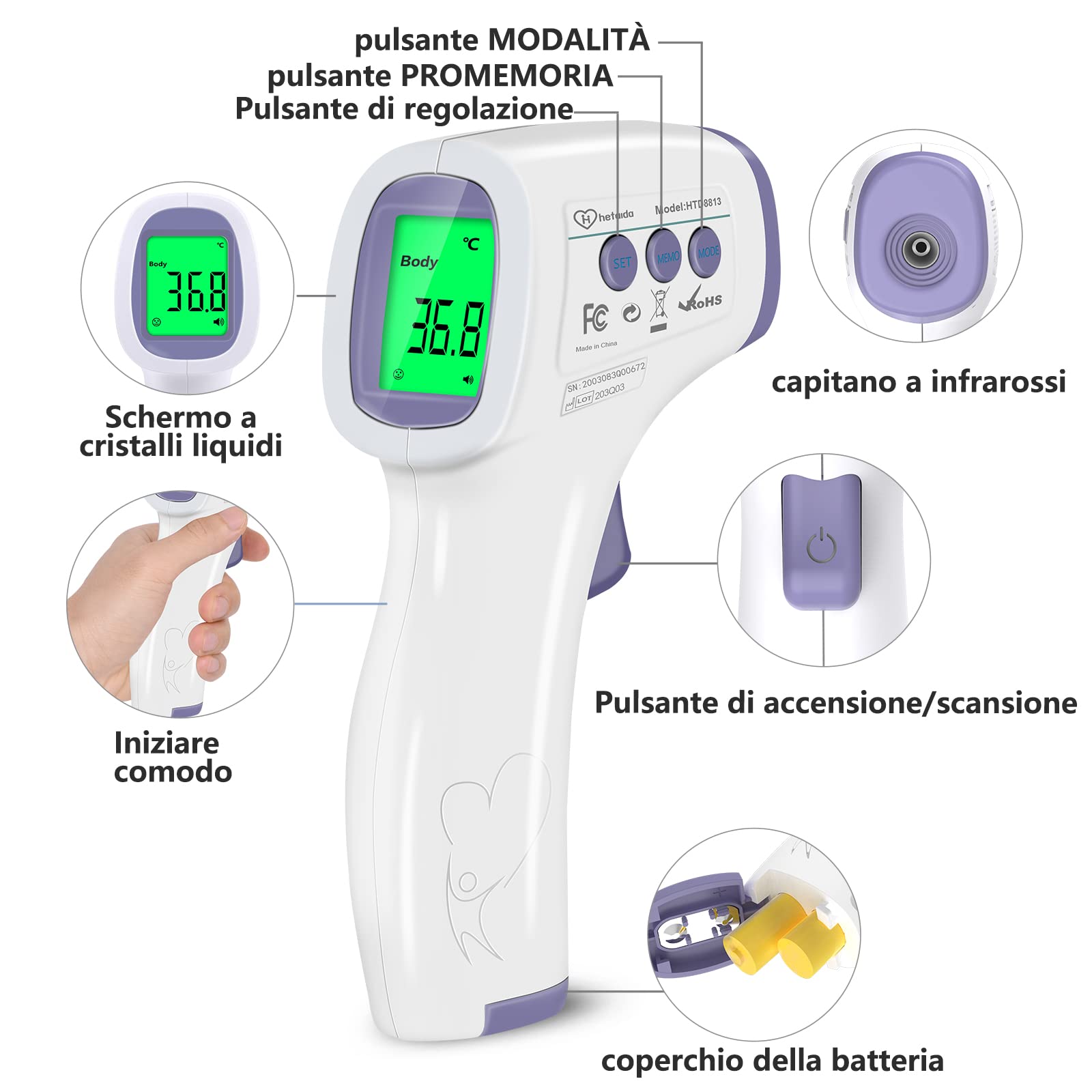 Termometro Febbre, Termometro Infrarossi senza Contatto, Termometro Digitale, Misurazione Rapida e Accurata con Allarme Febbre e Memorizzazione, Adatto per Adulti, Bambini e Neonato - Porpora