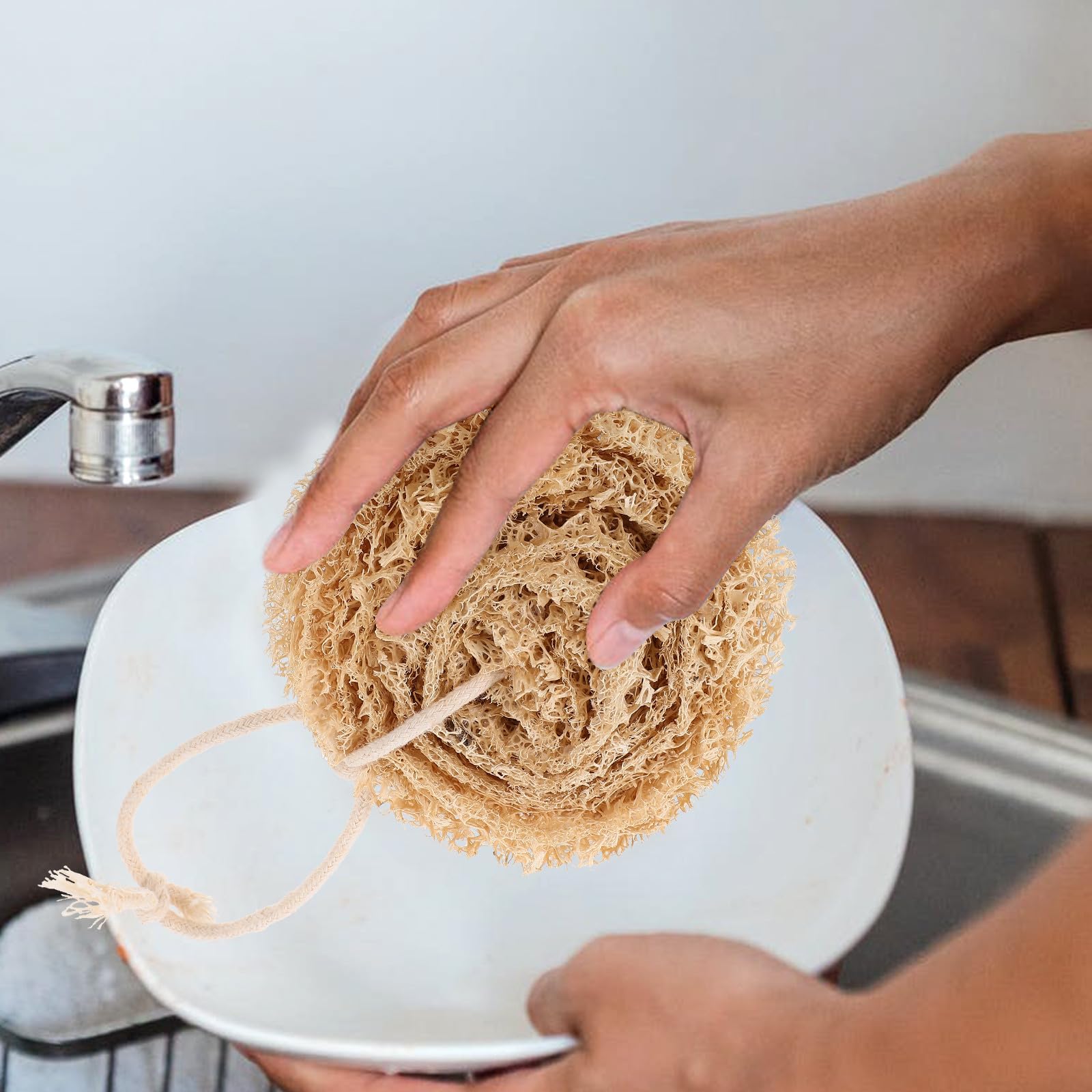 Esponjas de Lufa Naturales para Lavar Platos 4 Piezas Fuerte Absorción de Agua y Diseño para Colgar, Ideales para Limpieza en Cocina
