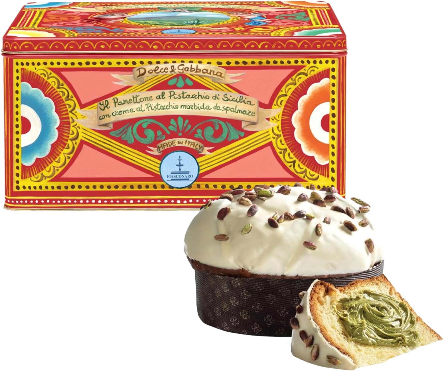 Fiasconaro Sicilian Pistachio Panettone | Dolce and Gabbana Metal Tin with Pistachio Cream Spread, White Chocolate | Traditional Italian Christmas Cake Dessert Hostess Gifts Made In Italy 1kg (Red)