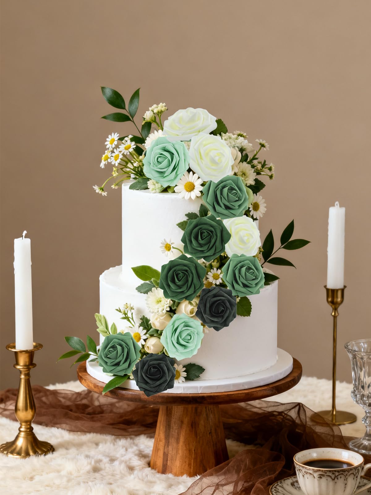 25 rose artificiali bianche e verdi, rose finte in schiuma realistica al tatto, per bouquet da sposa, centrotavola, composizioni floreali, feste, decorazioni per la casa