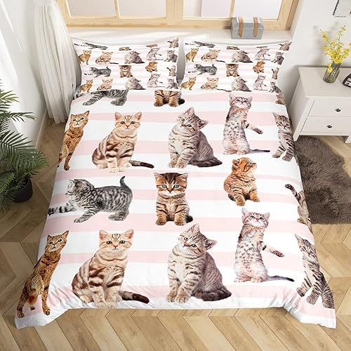 Miniatura 3 de Feelyou Funda de edredón Kawaii con diseño de gatos, tamaño Queen, funda de edredón a rayas rosadas, juego de ropa de cama de regalo para amantes de