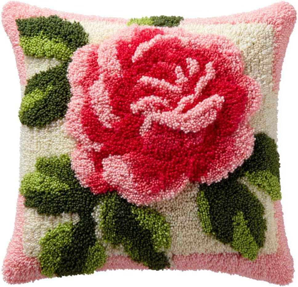 AMBATTERY DIY Latch Hook Pillow Kit Roses Throw Pillow Cover with Printed Canvas Crochet Yarn Needle Craft Easy Handmade Cushion for Home Sofa Decoration 43x43cm