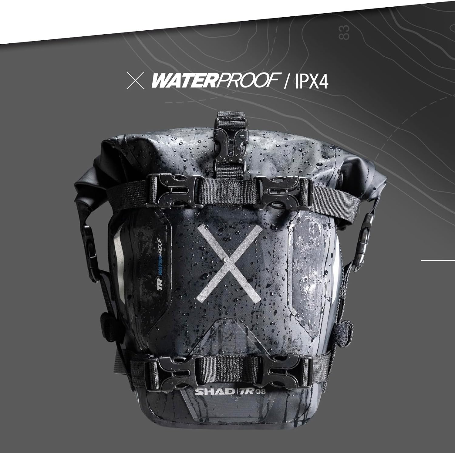 SHAD TR08 TERRA Crash Bar Bag with water droplets, showing waterproof feature