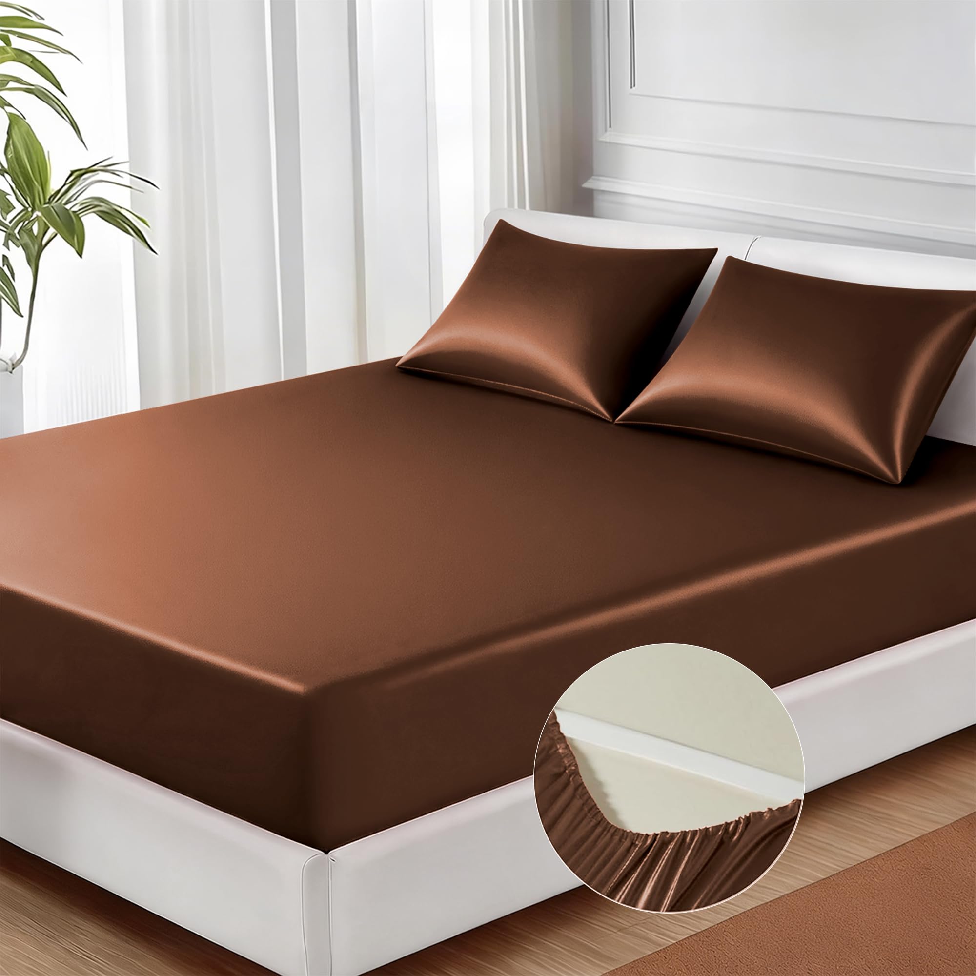 MR&HM Satin Fitted Sheet King Size, Silky Bottom Sheet with Elastic Corner Straps, Deep Pocket up to 15 Inch, No More Slipping Off for Mattress - 1