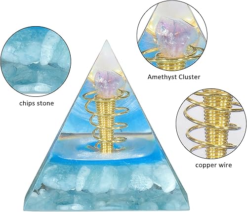 Miniatura 3 de Rockcloud Amatista Cluster Orgón Pirámide Orgonita Aguamarina Cristal Generador de Energía de Escritorio para la Buena Suerte Prosperidad Riqueza,