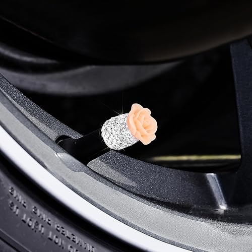 Miniatura 5 de Tapas de vástago de válvula con diamantes de imitación, 4 unidades, con diseño de flores rosas, universales, accesorios de automóvil, SUV,