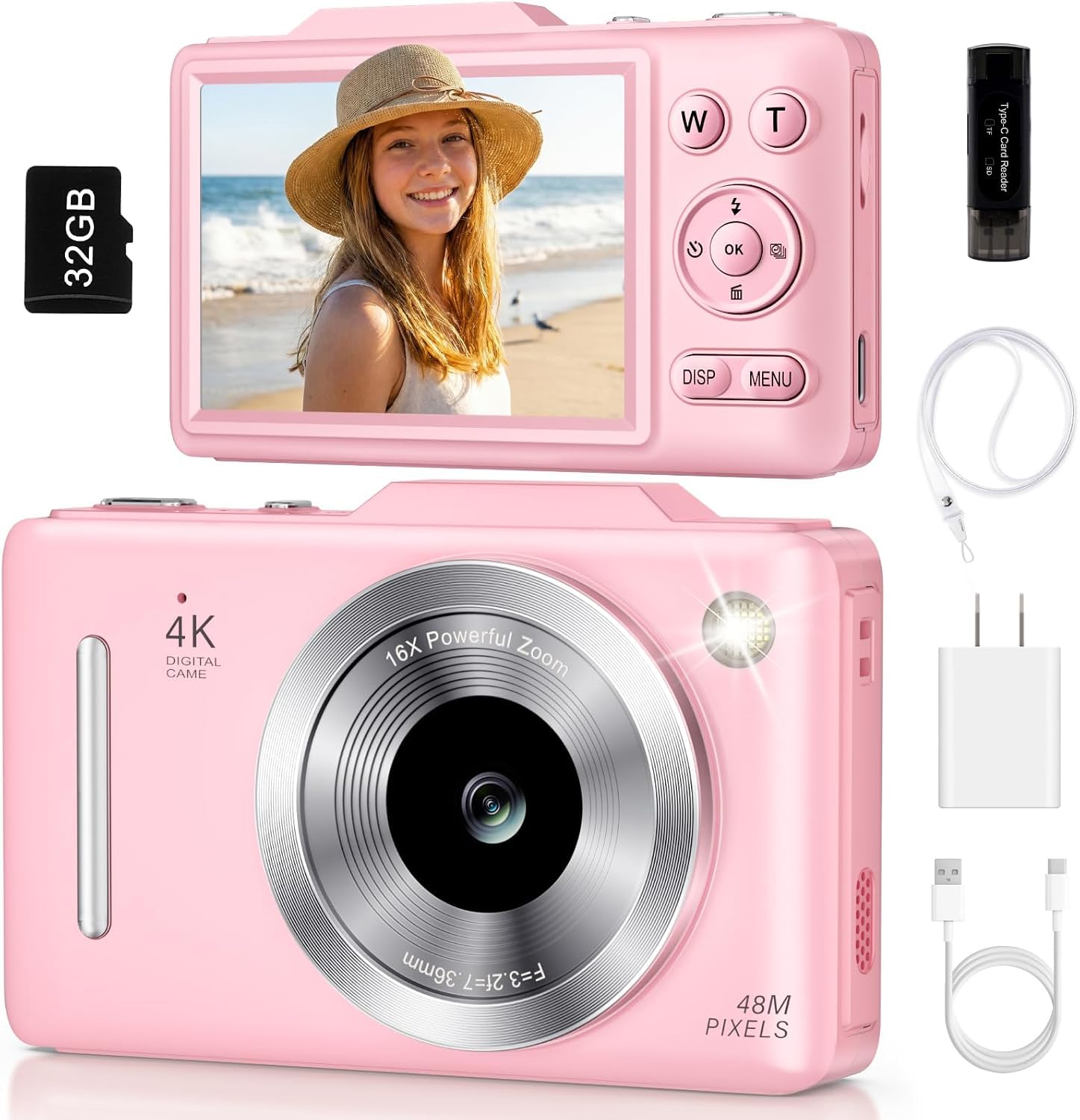 Digital Camera 4K Autofocus Vlogging Camera for Photography with 16X Zoom Anti Shake, 32G8 Card, 48MP Compact Portable Point and Shoot Camera Gift for Kids Beginner (Pink)