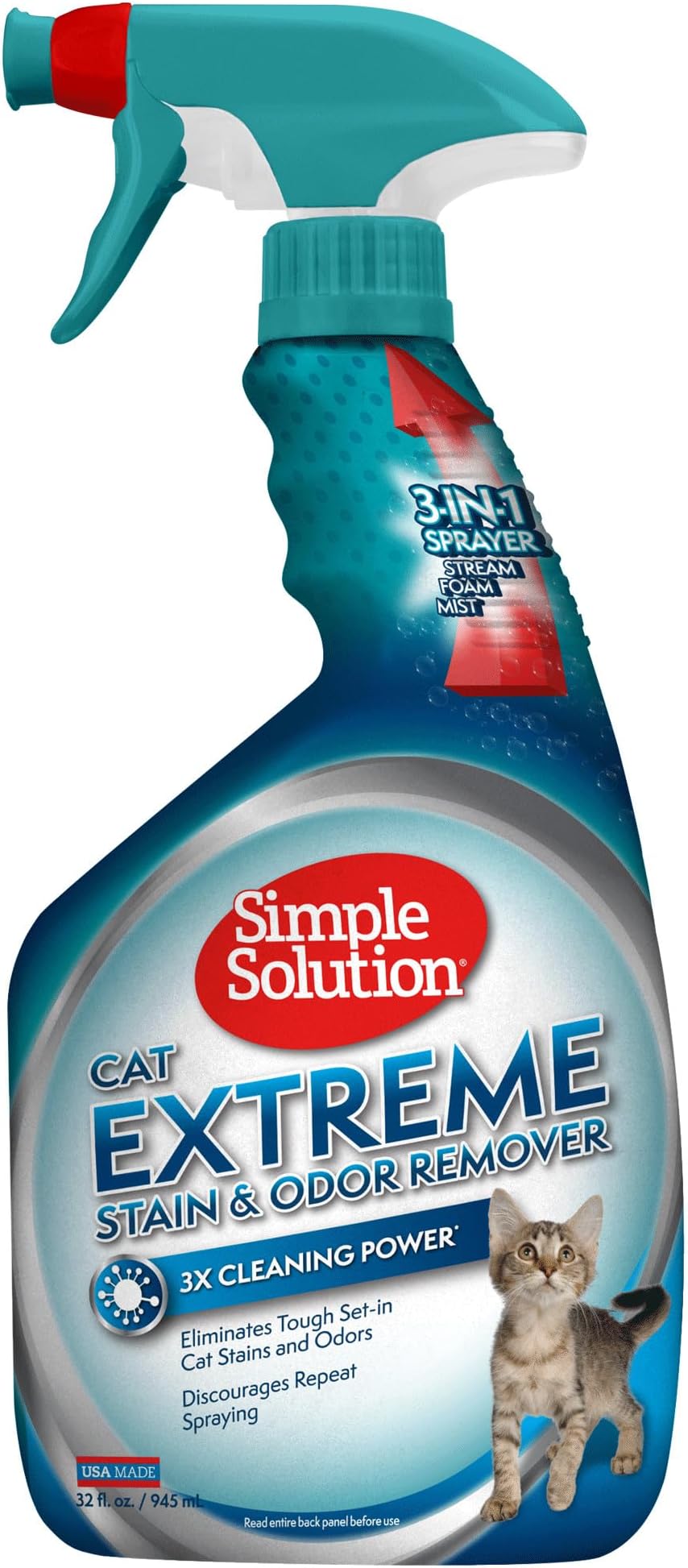 Simple Solution Extreme Cat Stain Eliminator for Strong Odor, Pet Odor Eliminator for Home, Stain Remover for Cats, Kitten Essentials, Floor Cleaner, Urine Destroyer, Carpet Cleaner Spray, 32oz